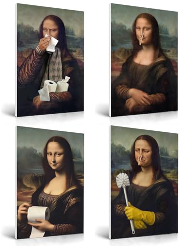 Fychuo 4 Stück Badezimmer Bilder, Lustige Mona Lisa Parodie mit Klopapier & WC-Bürste, WC Bilder für Gäste WC & Bad, Humorvolle Monalisa Wanddeko Ohne Rahmen (20x30cm)