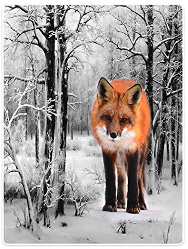 Dick Decke Weich Wärme Gemütlich Flanell-Fleece Sofadecke Deckeldecke Schneebedeckte Wälder und große Füchse 150 x 200 cm