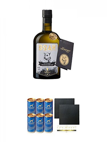 BOAR Premium Dry Gin Schwarzwald Dry Gin 0,5 Liter + Windspiel Tonic Water 0,2l Dose 6 Stück + Schiefer Glasuntersetzer eckig ca. 9,5 cm Ø 2 Stück