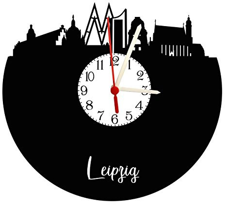 Wanduhr Leipzig Skyline mit Ziffernblatt, hochwertige Acrylglas Uhr mit lautlosem Quarzwerk, 3mm Stärke