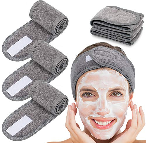 Whaline 4 Counts Spa Facial Headband Head Wrap Terry Cloth Headband Stretch Towel for Bath, Makeup and Sport (Gray)