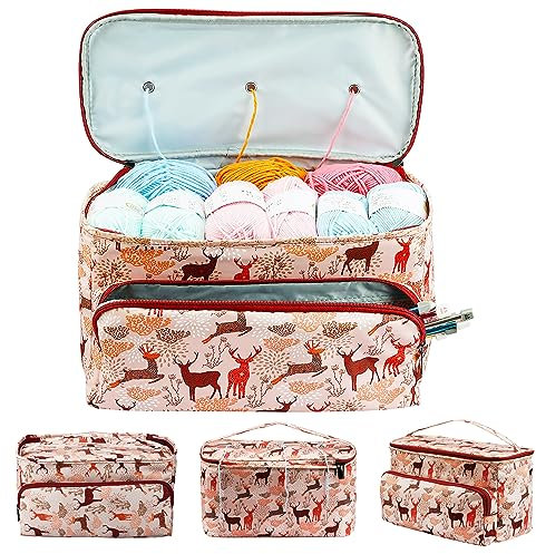 JOZEA Strickbeutel, Aufbewahrungstasche für Wolle, Tasche für Stricknadeln Häkelnadeln Projektzubehör, Aufbewahrungstasche mit Reißverschluss, Orange rot