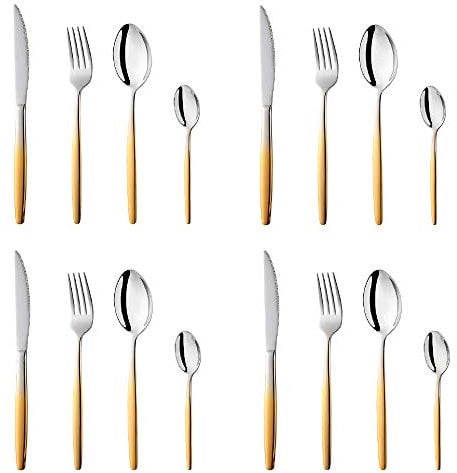 Bisda Stainless Steel Gold Coloured Handle Flatware Cutlery Set 16 Piece Eco-Friendly Silverware Tableware Set Service for 4, Spoon Fork Knives Set for Party Outdooor Camping Travel, Dishwasher Safe
