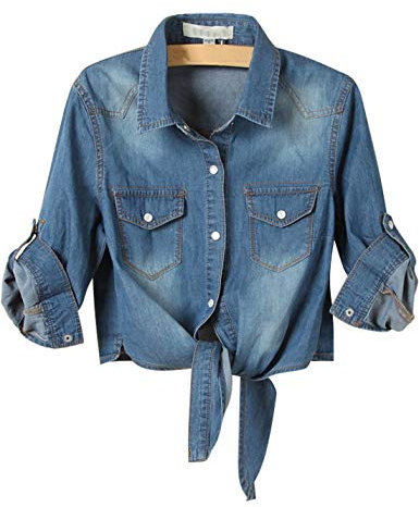 AMEBELLE Women's Roll Up 3/4 Sleeve Tie Front Knot Shirt Chambray Denim Crop Top, Darkblue, L