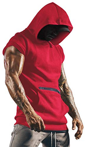 Lomon Herren Sport Tank Top Mit Kapuze Ärmellos Muskelshirt Fitness Unterhemden Training Basic Rot XL