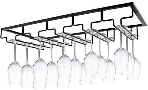 MOCOUM Weinglasregal unter dem Schrank, Stielglasregal, Glasaufhänger, Draht-Glashalter, Aufbewahrungsbügel für Schrank, Küche, Bar (schwarz, 5 Reihen, 1 Stück)