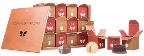 Adventskalender Pralinen ohne Alkohol - Weihnachtskalender Schokolade - Schokoladen-Adventskalender in Holzkistchen - Geschenk für Kinder, Frauen, Männer, Eltern, Oma, Opa - Groß, 24 Stück