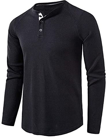 Mens Henley Shirt Long Sleeve Button Collarless Henley Tops Casual Smart Slim Fit Solid Color Waffle Grandad Shirts 3 Buttons Grandad Collar Classic Lightweight Basic Top Plain Black M