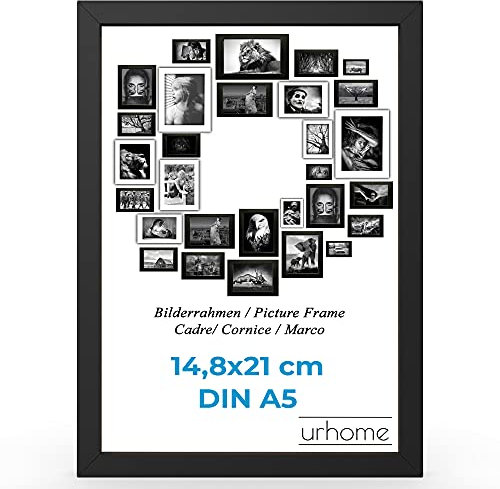 Urhome Bilderrahmen DIN A5 14,8 x 21 cm aus Abachi Holz Schwarz mit Standfuß und Kunststoffscheibe - Ayous Fotorahmen für Bilder Kunstdrucke Fotos Gemälde Rahmen zum Aufstellen