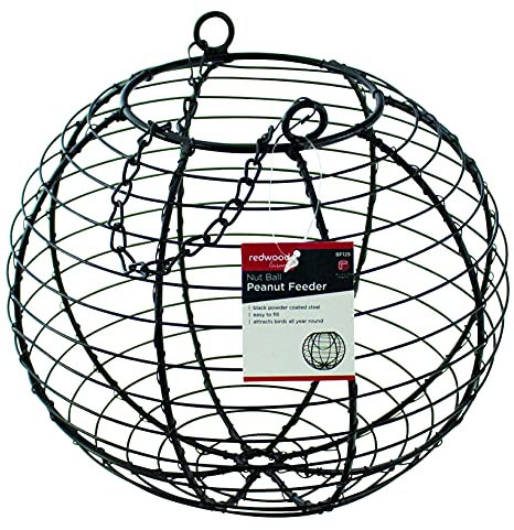 Redwood Leisure Garden Bird Hanging Nut Ball Peanut Feeder - Powder Coated Steel - Black - 18 cm