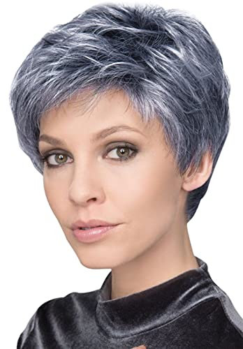 FEOYA- Layered Kurzhaarperücke Damen Synthetische Perücke mit Pony Flauschig Full Perücke Blau Gemischtes Silber mit Perückenkappe für Frauen Bunte Cosplay Tägliche Party Natürliche Perücke
