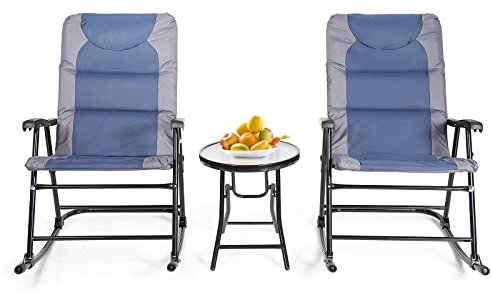 COSTWAY 3-teiliges Schaukelliege Liegestühle mit Beistelltisch, Gartenliege Liegestuhl Bistro-Set, Gartenliege für Balkon, Camping, Garten (Blau)