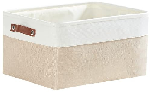 Mangata Faltbare Aufbewahrungskörbe mit Ledergriff,Verdicktes Canvas-Stoff Aufbewahrungsbox für Spielzeug, Kleidung, Zuhause, Wäsche (Helles Khaki/weiß, Large)