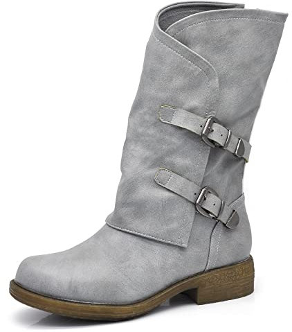 IF Fashion Scarpe da Donna Stivali Stivaletti Biker Fibbie Anfibi Polpaccio Largo G620 blu jeans (grigio) N.37