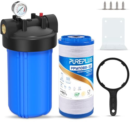 PUREPLUS 1-stufiger Ganzhaus-Wasserfilter, mit Eisen-Mangan-Reduzierwasserfilter, 25,4 x 11,4 cm, Sedimentkartusche, Universalgehäuse, für Brunnenwasser