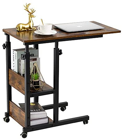 Hadulcet C-förmiger Beistelltisch verstellbar, höhenverstellbarer C-Tisch mit Rollen und Ablageschalen für Couch Bett Relaxliege romantisch braun