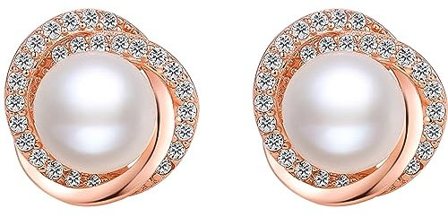 18CT Gold S925 Zircon Crystal Freshwater Pearl Stud Earrings - Natural White 4.5-10mm Drop Jewellery for Women, Bridal, Wife, Mom - Wedding and Birthday Gift