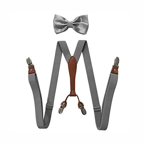 BaronHong Hosenträger-Fliegen-Set für Damen und Herren, 2,5 cm breit, Y-Form mit 4 Clips, verstellbare Hosenträger für formelle Hochzeiten (dunkelgrau, M)