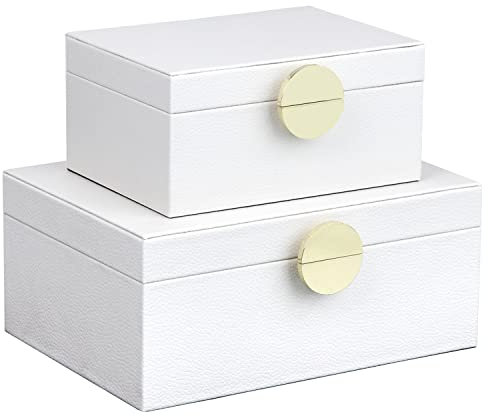 HofferRuffer Faux Leather Jewelry Boxes, Decorative Boxes Storage Accessory Organizer with Gold Hardware Decor, Classic Vegan Leather Set of 2 Pieces (White)