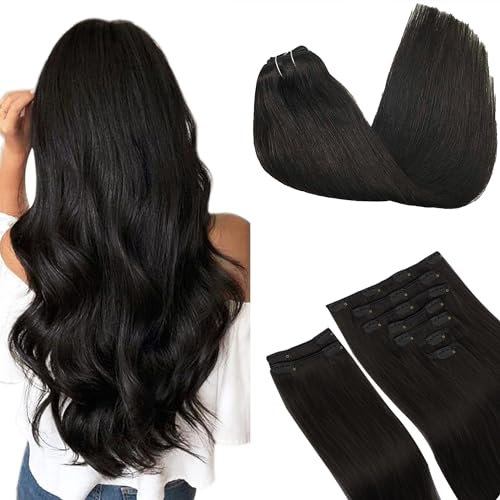 GOO GOO Clip in Extensions Echthaar, Echthaar Extensions Clip, 50cm 150g 9pcs, Extensions Echthaar, Haarverlängerung Echthaar, 1B Schwarz