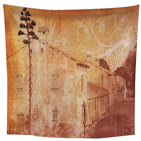 Lieson Wandbehang Altes Haus, Trippy Wandteppich Orange Braun Wandtuch für Wohnzimmer Wohnheim Heimdekoration, 200x200CM