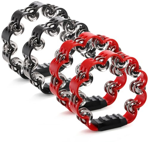 Okllen Doppelreihiges Hand-Tamburin, Metallschellen, Tamburin-Glocken, Musikinstrument für Erwachsene, Tamburin-Liebhaber, Weihnachtsgeschenk, Rot und Schwarz, 4 Stück