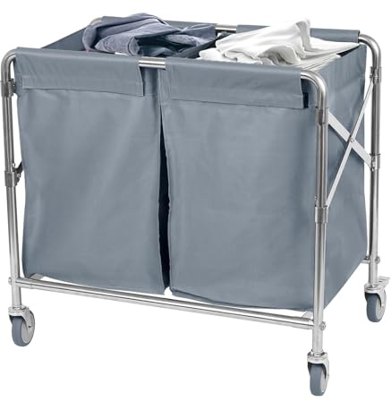 Nisorpa Laundry Trolley 2 Section Divided Foldable Laundry Basket 300L | Commercial Laundry Sorter on Wheels Heavy Duty Laundry Hamper Collapsible Laundry Cart Large Folding Laundry Trolley