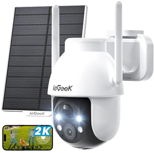 ieGeek 2K Camera Surveillance WiFi Exterieure sans Fil - 360° PTZ Camera Exterieur sans Fil Solaire Vision Nocturne Couleur, Détection Humaine PIR (Blanc)