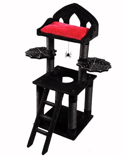 THROONI Gothic Cat Tree Tower - 51in Black Cat Tree with Gothic Cat Bed, Sisal Scratching Posts and Spooky Hanging Balls - Goth Cat Tree with Litter Box Enclosure for Large Cat