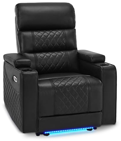 MCombo Electric Recliner Cinema Chair, Home Theater Seating with Adjustable Headrest & Arm Storage, TV Armchair with USB & LED Light, Faux Leather, FSC Certified HTS432 (Black, Single Seater)