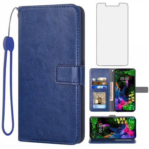 Asuwish Handyhülle für LG G8s ThinQ Hülle mit Folie Schutzfolie und Kartenfach Klappbar Leder Geldbörse Ständer Handyhüllen Panzerfolie Cover G 8s LMG810 Handy Hüllen Schutzhülle Phone Case Blau