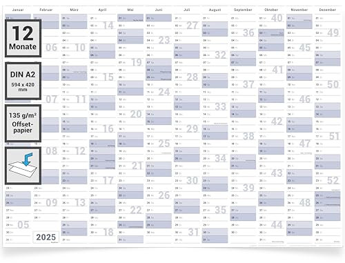 Gigatime ® Din A2 Wandkalender 2025 Jahresplaner 59,4 x 42,0 cm Kalender 2025 in deutscher Sprache gefalteter Wandplaner, Jahreskalender, Kalender für das Jahr 2025