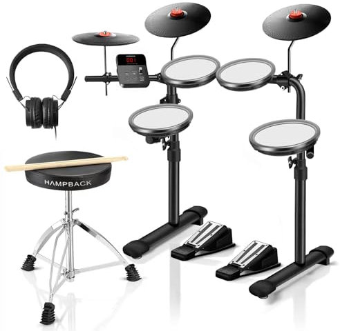 HAMPBACK MK-0 Batteria Elettronica, 4 Pad Batteria Mesh Silenziosi, Rack in Alluminio, 2 Pedali Switch, 68 Suoni, Trono, Cuffie, Bacchette, Adatta a Principianti e Bambini