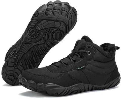 DOBOLIN Barefoot Botte Hiver Homme Bottine Femme Bottes de Neige Bottine Fourrées Boots Hiver Chaussures de Randonnée Antidérapante Chaussures Minimaliste Noir, EU Gr.44