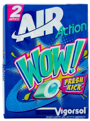 Vigorsol Air Action Wow, Chewing Gum Ripieno, Gusto Menta, Senza Zucchero e Glutine, Confezione da 2 Astucci di Gomme da Masticare, da portare Sempre con Te per una sensazione di Freschezza Intensa
