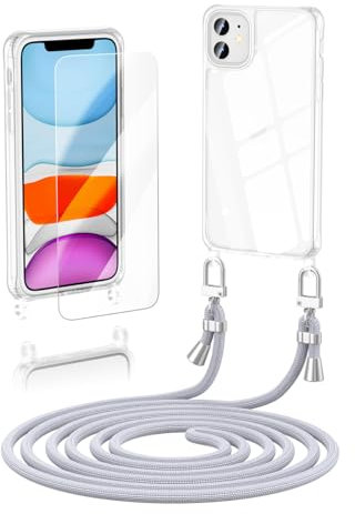 Anshow Verbesserte Handykette für iPhone 11 Hülle mit Band + 1 Schutzfolie, Necklace Stoßfest Handyhülle iPhone 11 Case Transparent Schutzhülle zum Umhängeband Abnehmbar, Silber