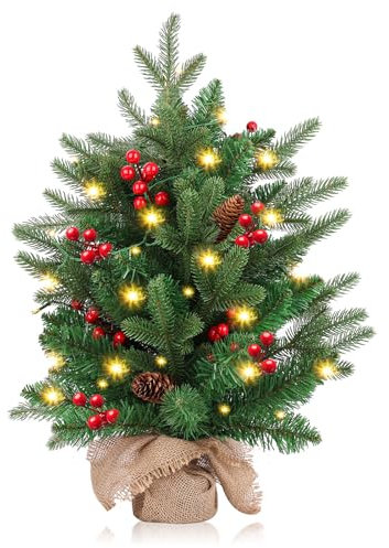 SHAVINGFUN Mini Sapin de Noël de 22 Pouces avec 20 Guirlandes Lumineuses à LED, 6 Pommes de Pin et 6 Bouquets de Pommes de Pin Rouges pour Décoration de Noël Intérieure à Faire Soi-même