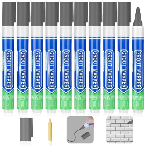 Flintronic Grout Pen, Dark Grey Tile Paint Marker, 10PCS Wall Repair Pens, Grout Reviver and Sealer Pens for Bathrooms, Kitchen Floor Tile, Wall Lines