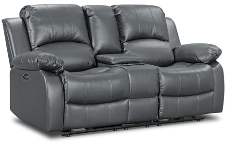 Faux Grey Leather 2 Seater Recliner Sofa | Easy 160° Electric Recline & 3 Positions | Easy Clean Fabric | Ideal for Couples, Elderly, Loveseat for Lounge, Gaming Room or Living Room | Valencia