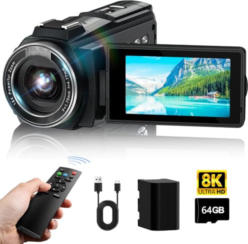 Videocamera 8K, 64MP IR Visione Notturna Vlogging, Zoom 18 x 3, LCD Touch Screen con Cover per YouTube con WiFi, Scheda SD 64G, Telecomando,