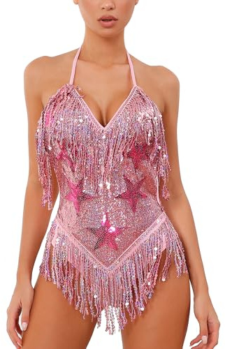 IMEKIS Body da donna con paillettes e frange, scollo a V, per festival musicali, feste, discoteca, Halloween, carnevale, rave, rosa, L