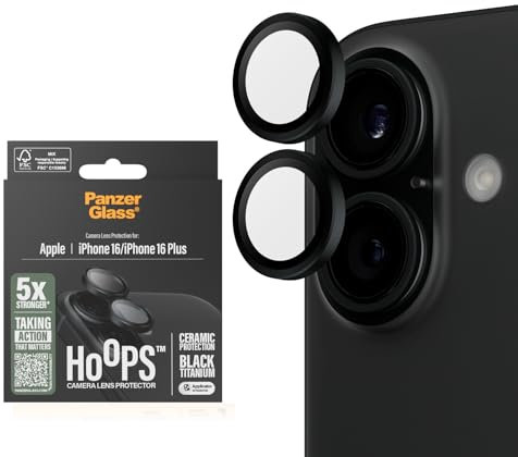 Hoops by PanzerGlass Protezione per fotocamera per iPhone 16 o 16 Plus, Vetroceramica, Protezione e Stile, Resistente ai Graffi, Resistente agli Urti, Rifinitura in Alluminio Nero applicazione facile