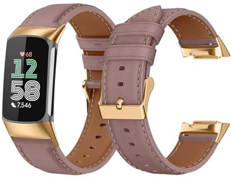 LanQii Cuir Bracelet Compatible avec Fitbit Charge 6/Charge 5, Peau de Vache Hommes Femmes de Cuir Bracelet de Remplacement pour Fitbit Charge 6/Charge 5, Rose