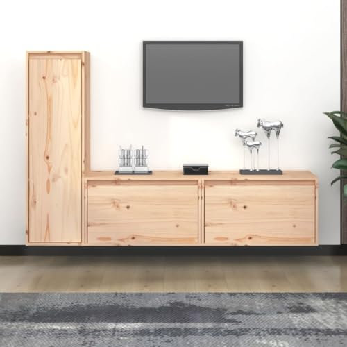 Meubles TV 3 pcs Bois Massif de pin,Meuble TV Mural en Bois Massif Rangement Pratique et Design Tendance pour Votre Salon Meubles TV, Banc TV