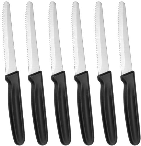 LNQ LUNIQI Frühstücksmesser Wellenschliff Edelstahl 20 cm - 6 Stück Frühstücksmesser Set mit Schwarz Griff, Scharf Tomatenmesser Brotzeitmesser Tafelmesser Obstmesser für Küche Esszimmer