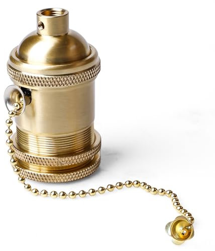 GOMETY E27 Lampenfassung Vintage mit Pull Kette Schalter, Kupfer Lampenfassung mit Zugkette Schreibtisch Tischlampe Lampenhalter Schraubsockel für DIY Edison Pendelleuchte Hängelampe Halter Zubehör