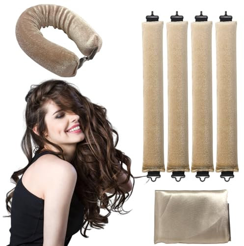 Lockenwickler Ohne Hitze, 4 Stück Lockenwickler über Nacht mit Lockenband ohne Hitze,Hitzefreie Lockenwickler aus Gummi, DIY Overnight Locken Locken über Nacht für alle kurzes und langes Haar (Khaki)