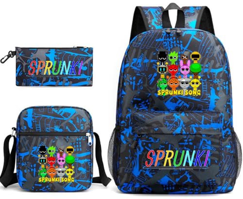 Sprunki - Mochila infantil de 3 piezas, mochila escolar de 17 pulgadas + bolsa cruzada + estuche para lápices, ligero y duradero para viajes escolares, A1, L