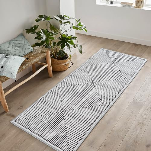 artyrugs Machine Washable Rug, 60x110cm, 75% Recycled Cotton, Short Pile, Non-Slip Backing, Non-Shedding, Area Rugs for Bedroom, Kitchen, Hallway, Office, Runner, Grey & Black Inkflow