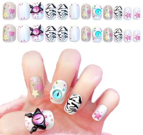 PEXIVOZ 24 Pièces Faux Ongles,Faux Ongles avec Colle Souple,Légers,Confortables et Réutilisables,Ensemble d'ongles en Gel Kawaii,Cadeau pour Filles,avec Colle (Blanc)